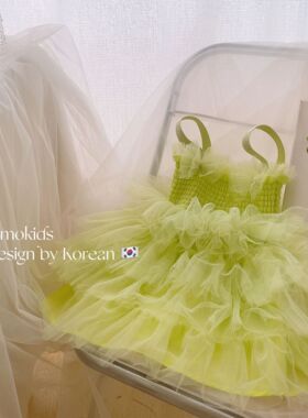 女童吊带蓬蓬连衣裙2023年夏装新韩国儿童女孩蝴蝶结网纱公主裙子