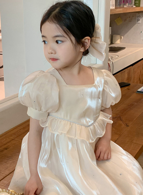 女童杏色礼服裙2023夏季儿童网纱公主裙女宝宝洋气韩国童装演出服