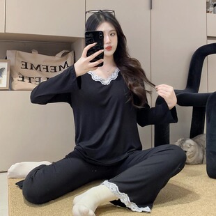 带胸垫睡衣女春秋季莫代尔长袖长裤甜美高级感蕾丝花边冬天家居服