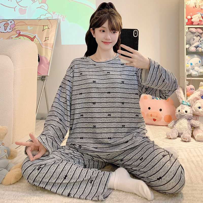睡衣女士德绒长袖春秋冬季可爱条纹高级感保暖2025新款家居服套装