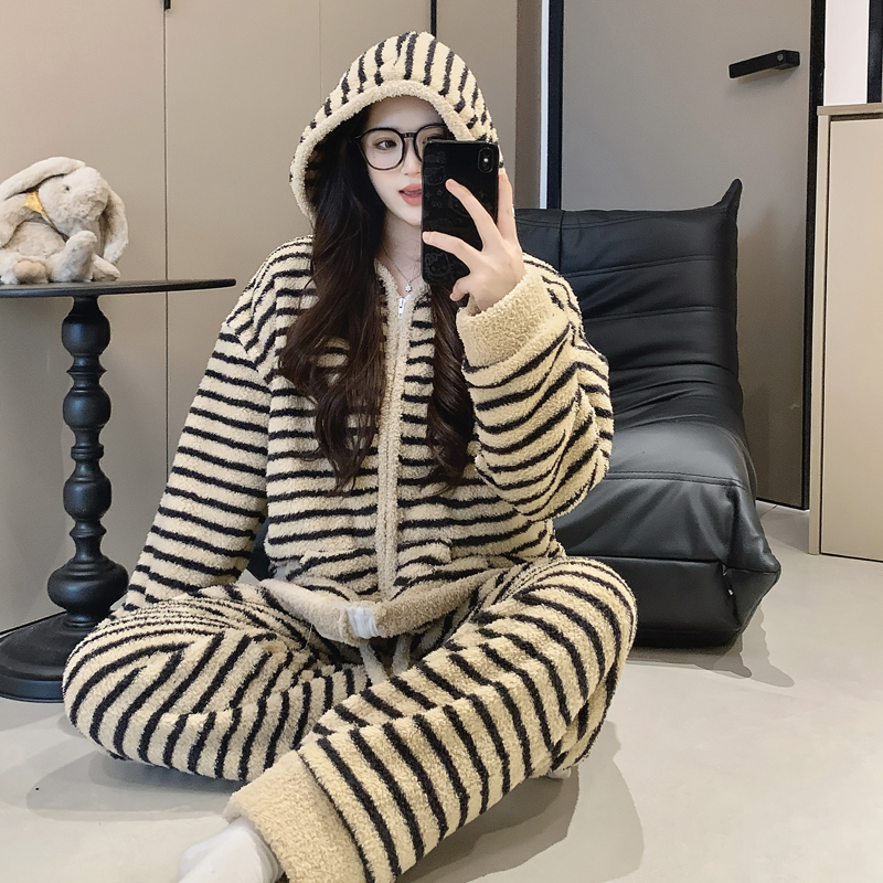 半边绒睡衣女款冬季长袖套装加厚