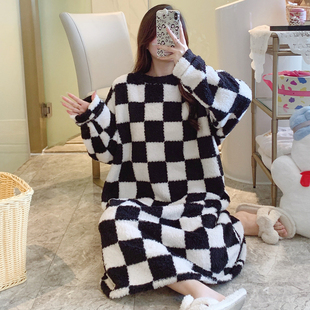 长袖 300斤加厚绒过膝韩版 睡衣裙家居服 珊瑚绒睡裙女秋冬季 超大码