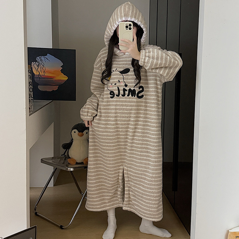 连体睡裙女秋冬季长袖条纹加厚