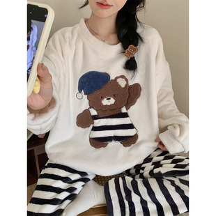 可爱韩版 2025新款 保暖加厚绒条纹少女家居服 睡衣女冬季 法兰绒长袖