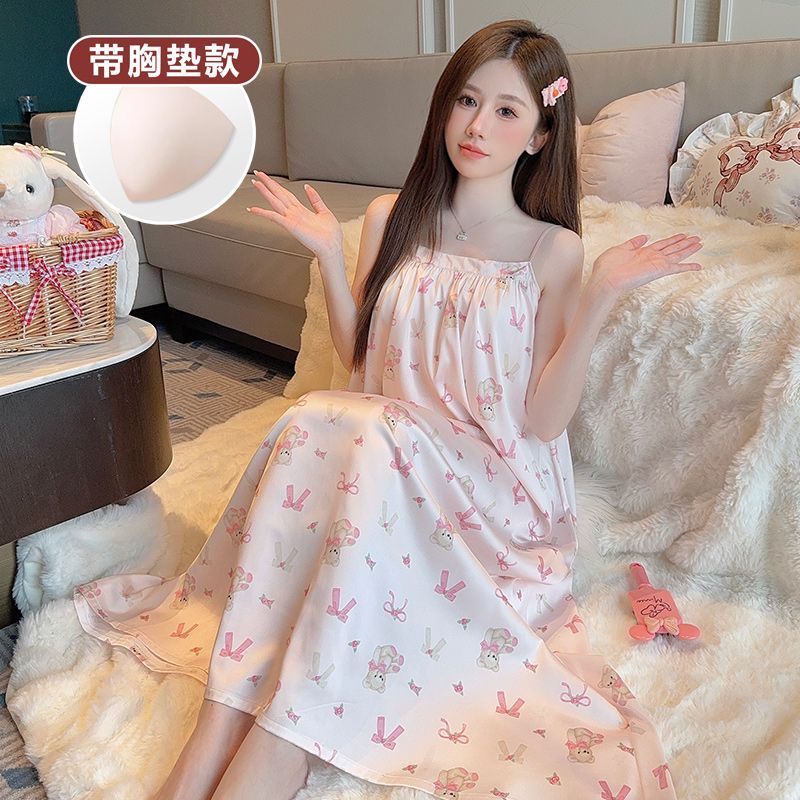 2025新款吊带睡裙夏季女冰丝带胸垫韩版小熊长裙无袖睡衣裙家居服