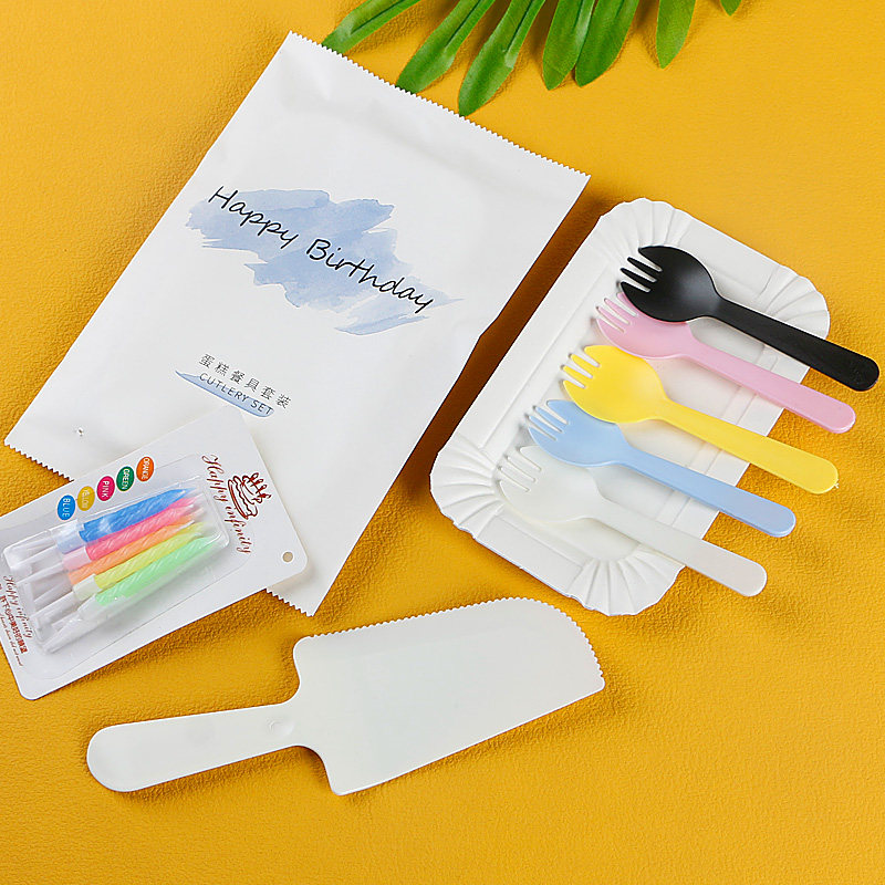 环保纸袋生日蛋糕餐盘刀叉套装一次性刀叉盘纸碟组合餐盘彩色刀叉