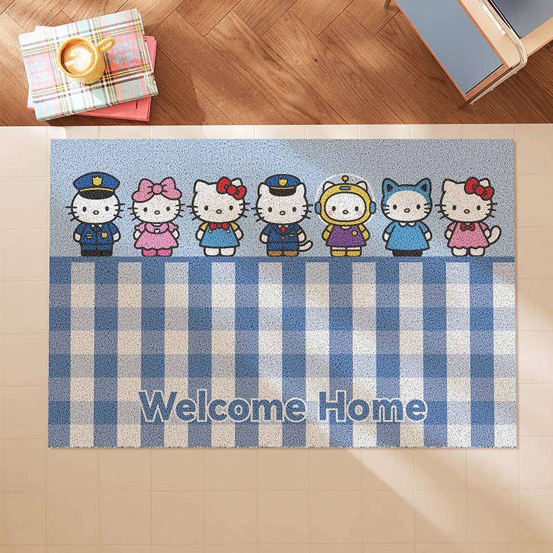 格子Hello进门脚垫入户门地垫防滑防尘耐脏卡通喜庆丝圈可裁剪垫