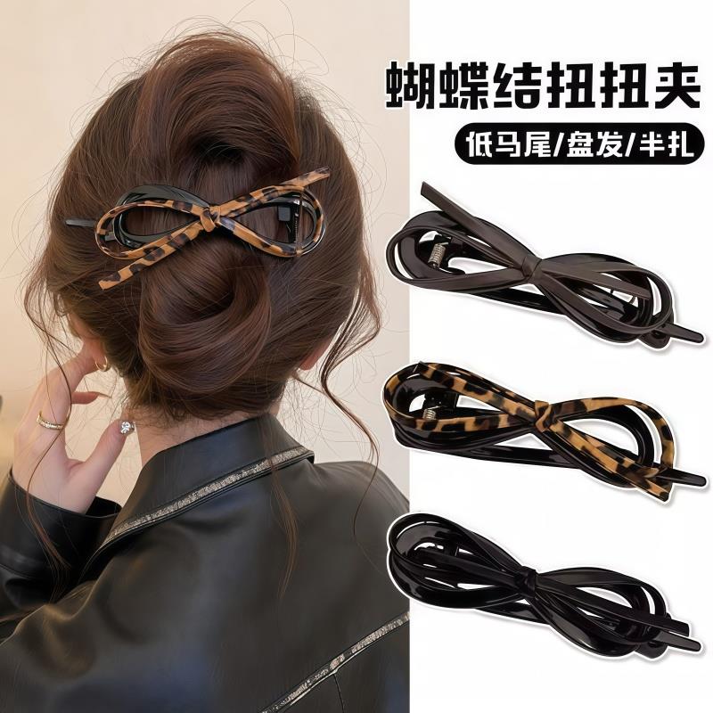 气质皮质蝴蝶结发夹一字夹女2025新款高级感豹纹扭扭夹后脑勺夹子
