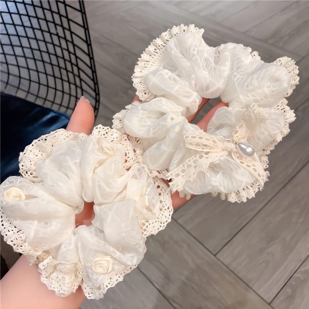 蕾丝大肠发圈奶油白花边仙女头花韩系网红新款丸子头发绳扎头发饰