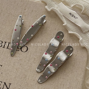 彩色波点点滴油发夹银色金属发卡2024新款鸭嘴夹侧边刘海夹子头饰