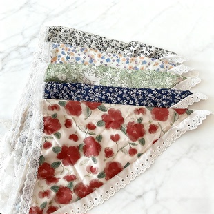 田园风头巾发带丝巾夏季海边沙滩氛围感蕾丝碎花三角巾