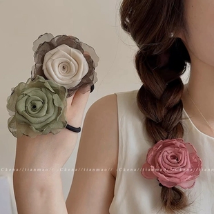 超仙绿波~新中式国风玫瑰花朵头绳皮筋女扎头发饰高级感头花发圈