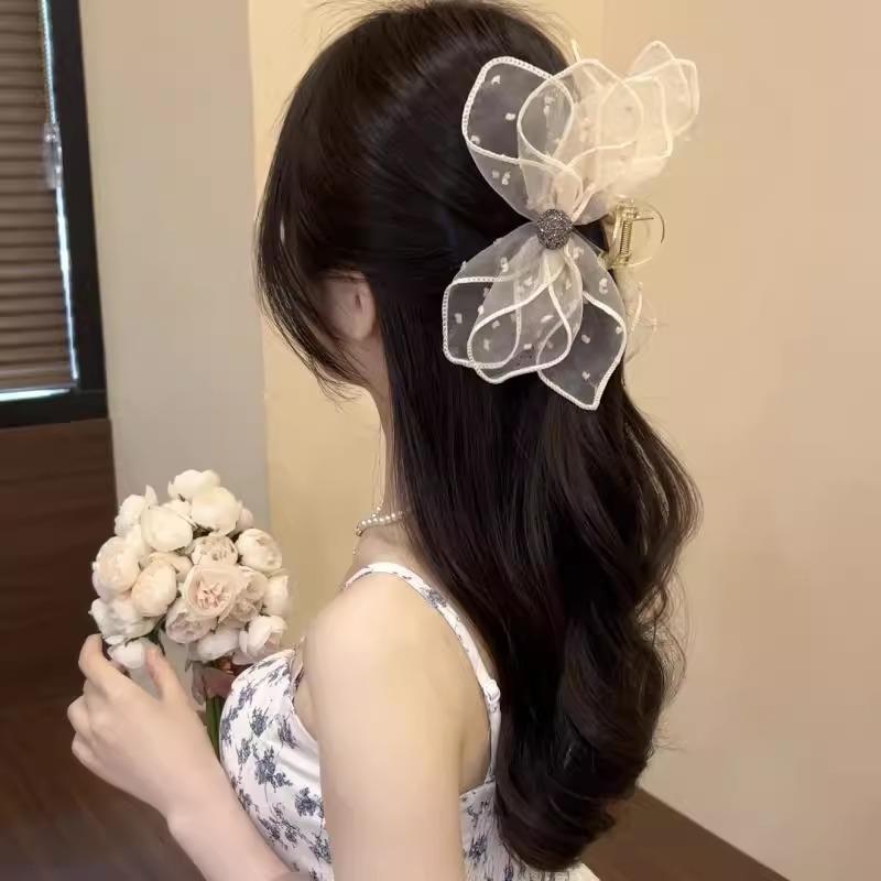 韩系蕾丝网纱波点蝴蝶结抓夹大号发量多后脑勺盘发鲨鱼夹半扎发夹