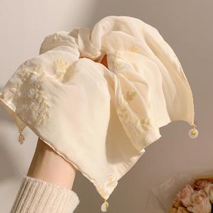 新中式重工刺绣米色花朵方巾大肠发圈女方形超大号平安扣发饰头绳