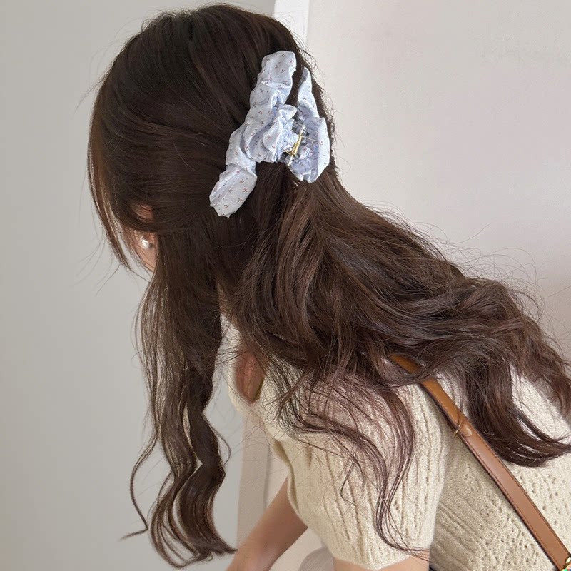 百搭泡泡布艺气质鲨鱼夹盘发夹甜美可爱温柔蓝白碎花褶皱抓夹