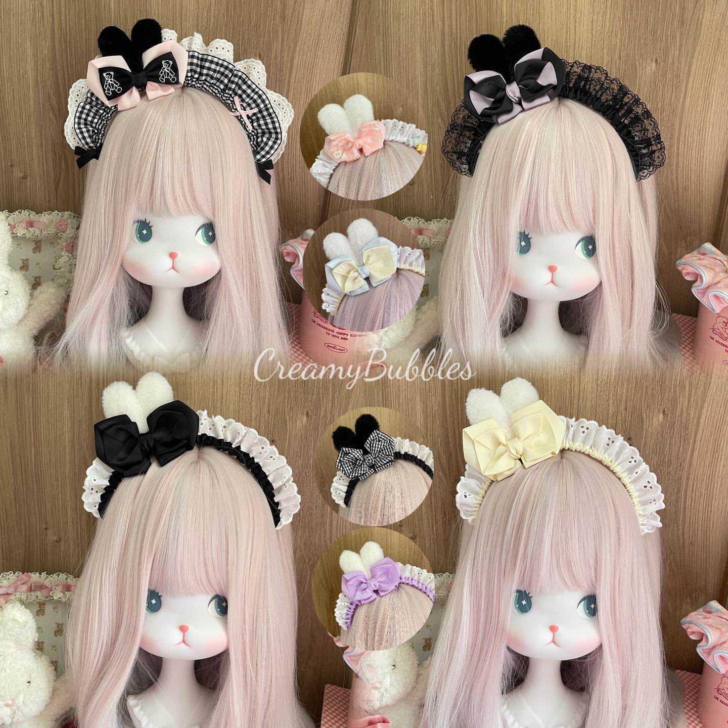 CreamyBubbles 原创lolita超可爱蝴蝶结小兔耳朵手作发箍kc 多色