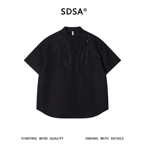 SDSA男装2026新款高贵轻奢潮珠子麦穗刺绣li短袖衬衫百搭时尚衬衣