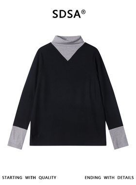 SDSA男士秋冬新款痞帅男装韩版拼接撞色可翻高领长袖T恤百搭时尚