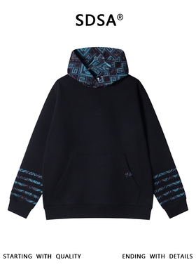 SDSA男士秋冬新款痞帅男装美式复古拼接连帽卫衣百搭宽松套头上衣