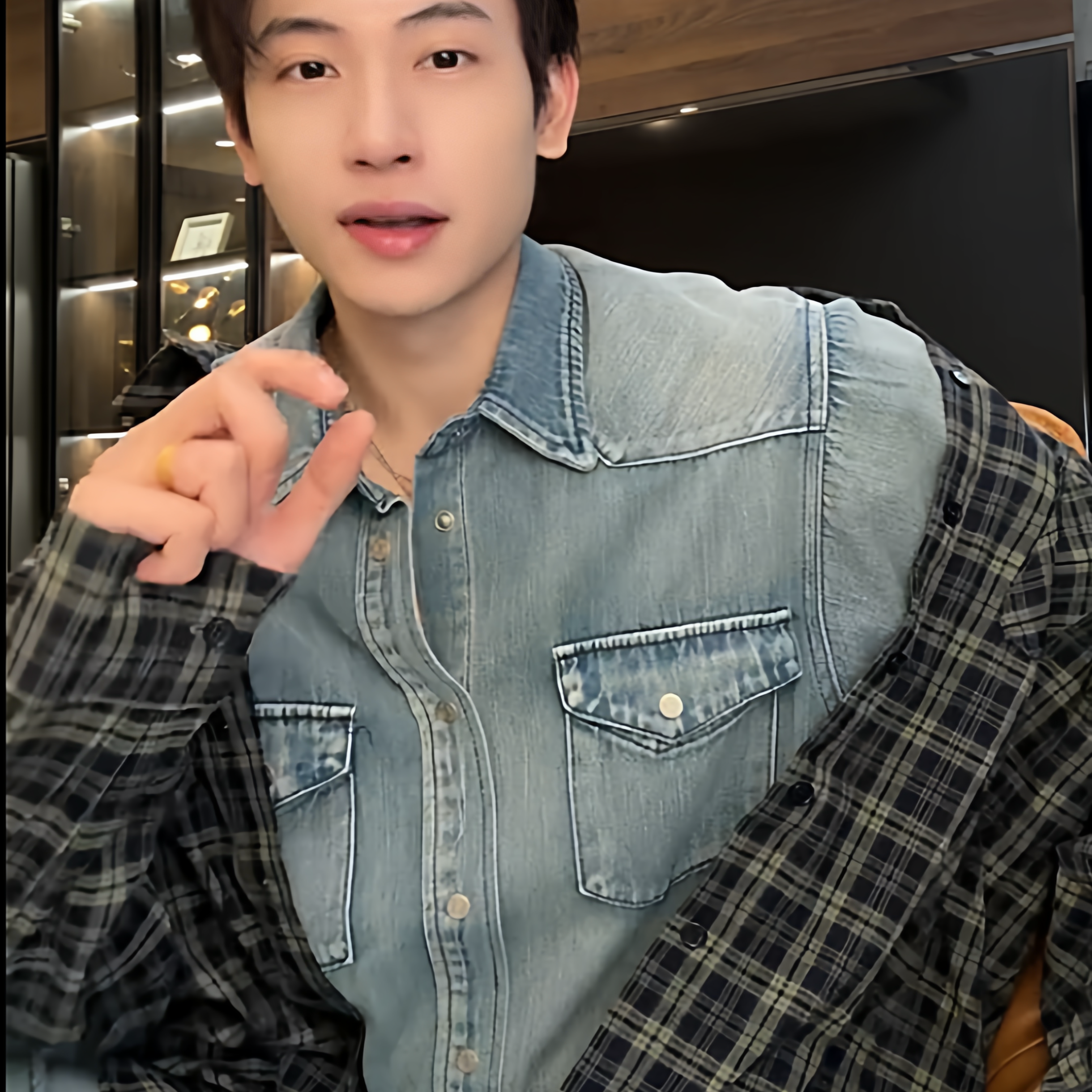 SDSA新款痞帅男装潮牌牛仔拼接设计翻领长袖衬衫宽松街头衬衣8035