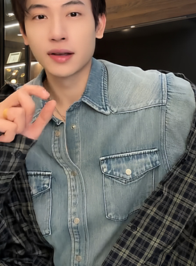 SDSA新款痞帅男装潮牌牛仔拼接设计翻领长袖衬衫宽松街头衬衣8035