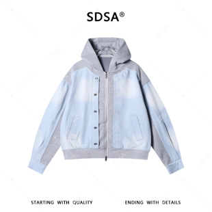 SDSA春夏新款痞帅男装韩版潮牌磨白拼接拉链连帽夹克外套百搭时尚