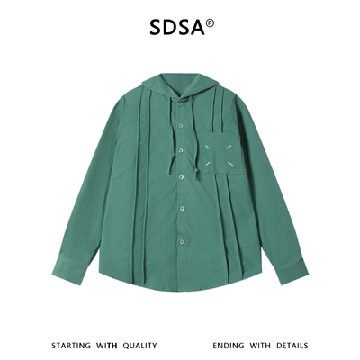 SDSA男装2026新款高贵轻奢日系褶皱刺绣纯色连帽长袖衬衫百搭舒适