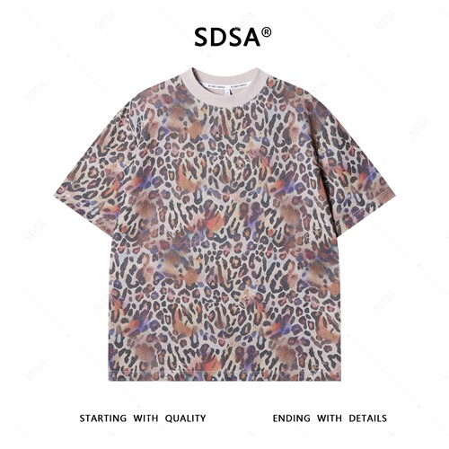 SDSA夏季新款男士港风潮牌豹纹设计短袖T恤撞色复古圆领上衣T3937