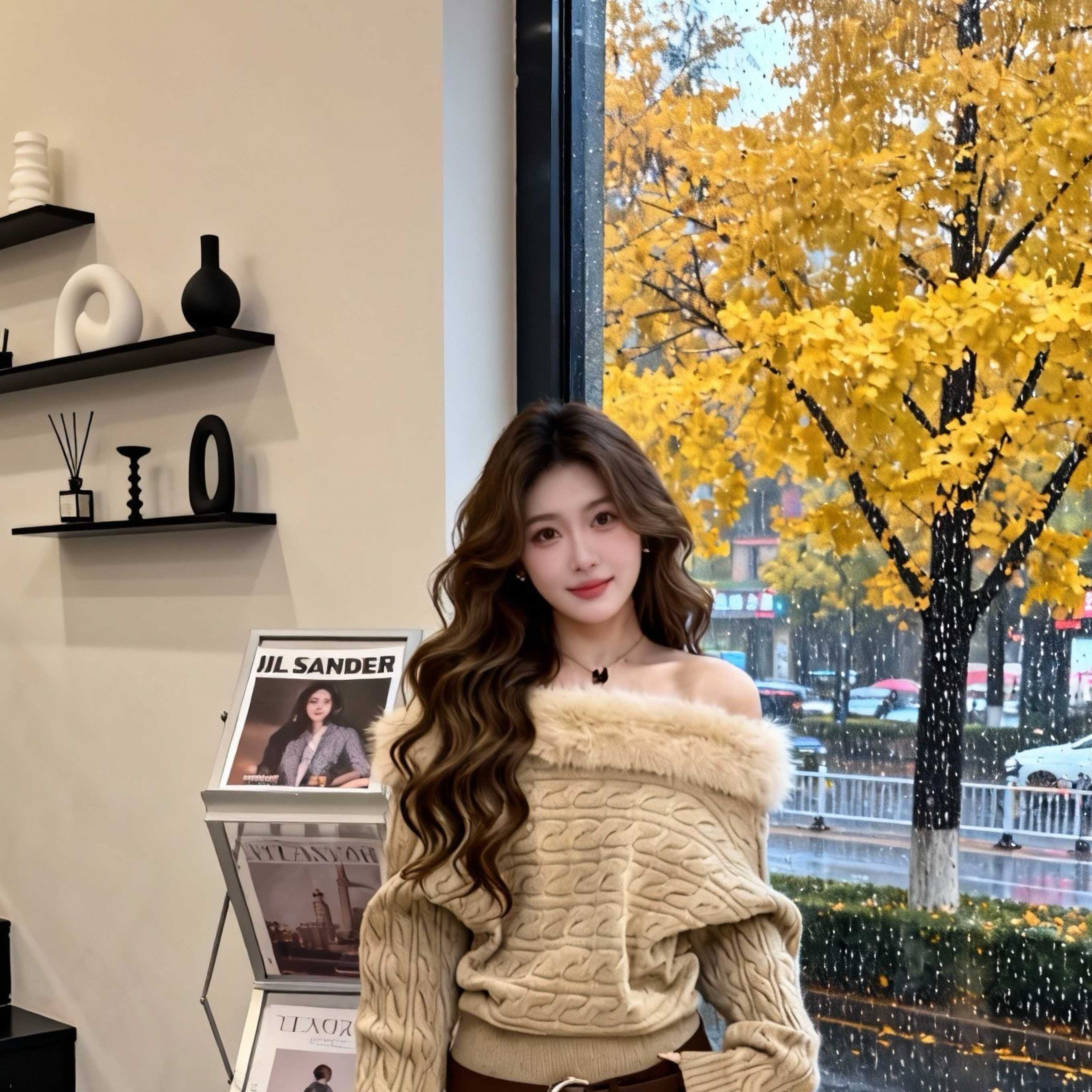 2025新款时尚纯欲风性感气质麻花露肩毛毛拼接收腰显瘦毛衣包臀裙