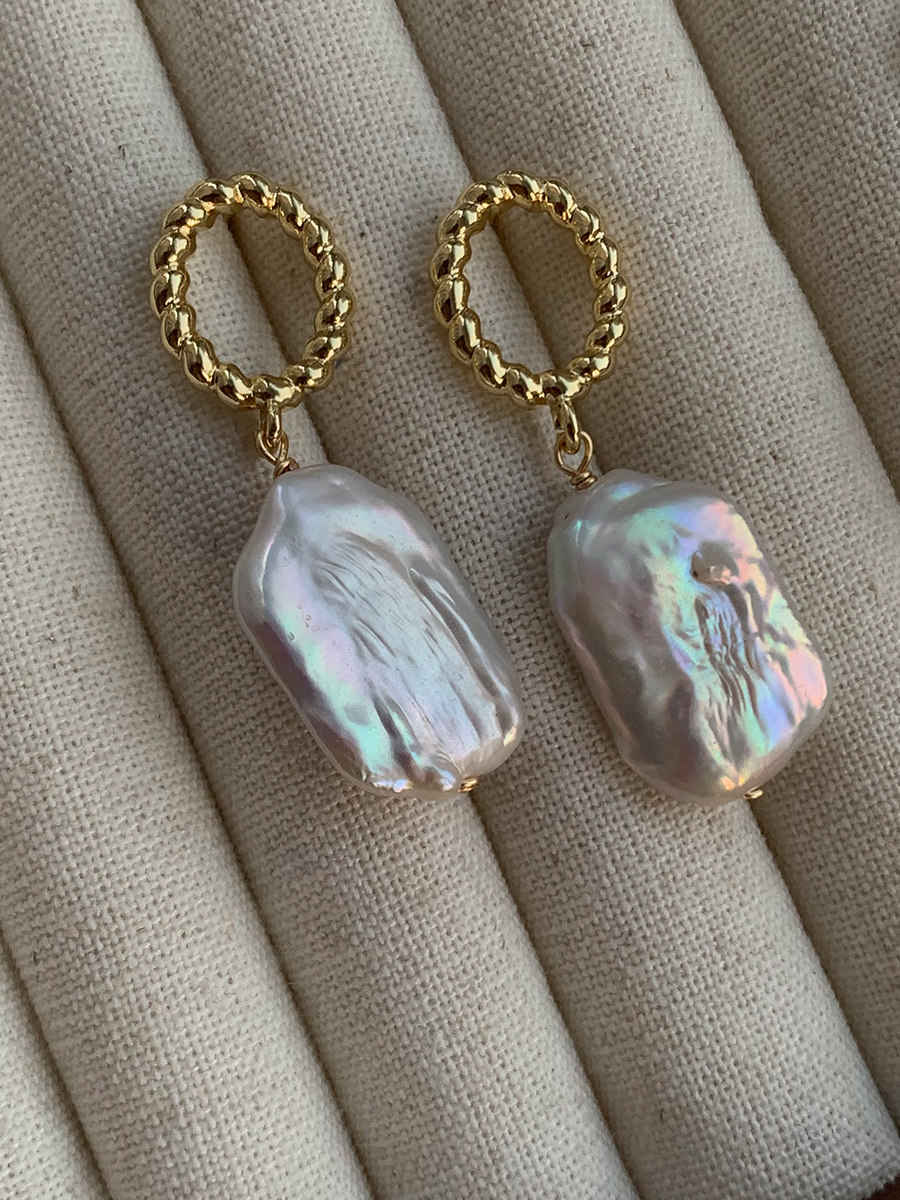 银灰调 925银针 天然淡水巴洛克异形珍珠耳环 原创设计小众