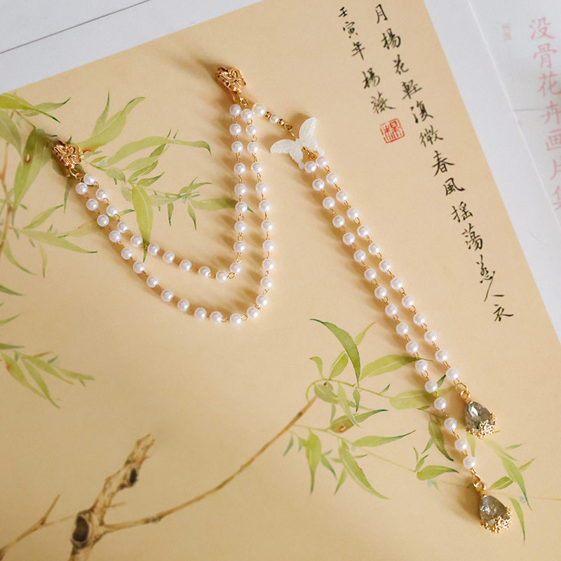 复古旗袍压襟素雅珍珠流苏蝴蝶吊坠新中式汉服胸前挂件胸针配饰图片