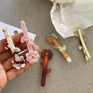 早春新款 水钻花蕊碎发鸭嘴夹一字夹 浪漫醋酸纹理花朵发夹边夹