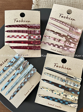 5个装 波点格纹蝴蝶结印花化妆夹发卡少女感碎发刘海夹长款鸭嘴夹