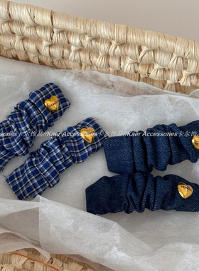 牛仔蓝色褶皱长方布艺发夹质感金扣爱心BB夹侧边夹刘海夹发饰新款