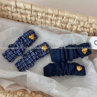 牛仔蓝色褶皱长方布艺发夹质感金扣爱心BB夹侧边夹刘海夹发饰新款