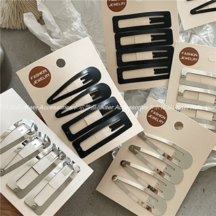 哑光黑水滴长方形刘海夹BB夹 银色镜面金属发夹边夹套装 时尚 个性