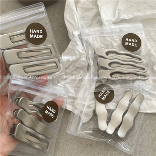 冷淡风 长方形水滴鸭嘴夹刘海夹 哑光金属银波浪线条发夹三件套装