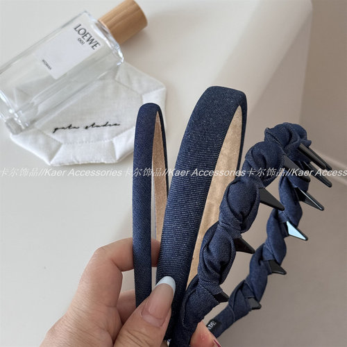 复古牛仔蓝色发箍女新款