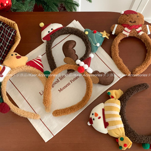 圣诞party 可爱姜饼人麋鹿羊羔毛发箍洗脸头箍趣味拍照发卡发饰