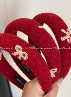 新年红色刺绣蝴蝶结高颅顶发箍女温柔外出百搭高级感头箍发捆发饰