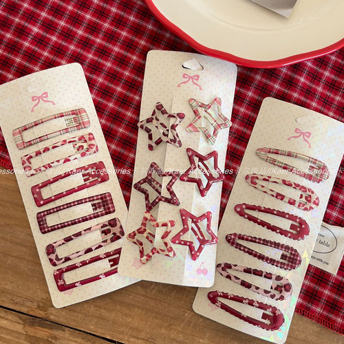 6个装新年红格子豹纹BB夹发卡