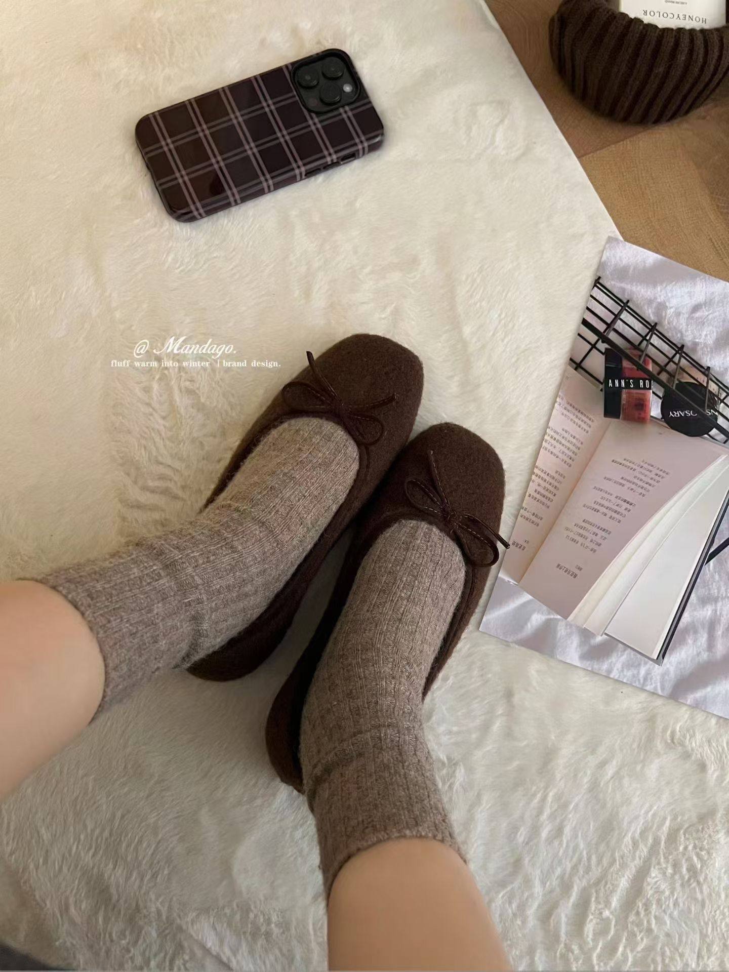 THEMANDAGO芒大果韩系蝴蝶结毛呢绒绒保暖毛毛鞋浅口芭蕾平底单鞋