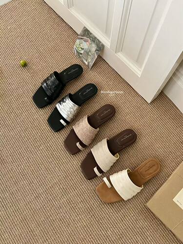 MandagoDesign芒大果老钱风亚麻坡跟平底套趾拖鞋外穿女凉拖凉鞋
