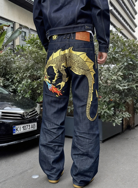 重磅18盎司原牛赤耳复古魔龙FDMTD&RMC重工万针刺绣宽松直筒裤