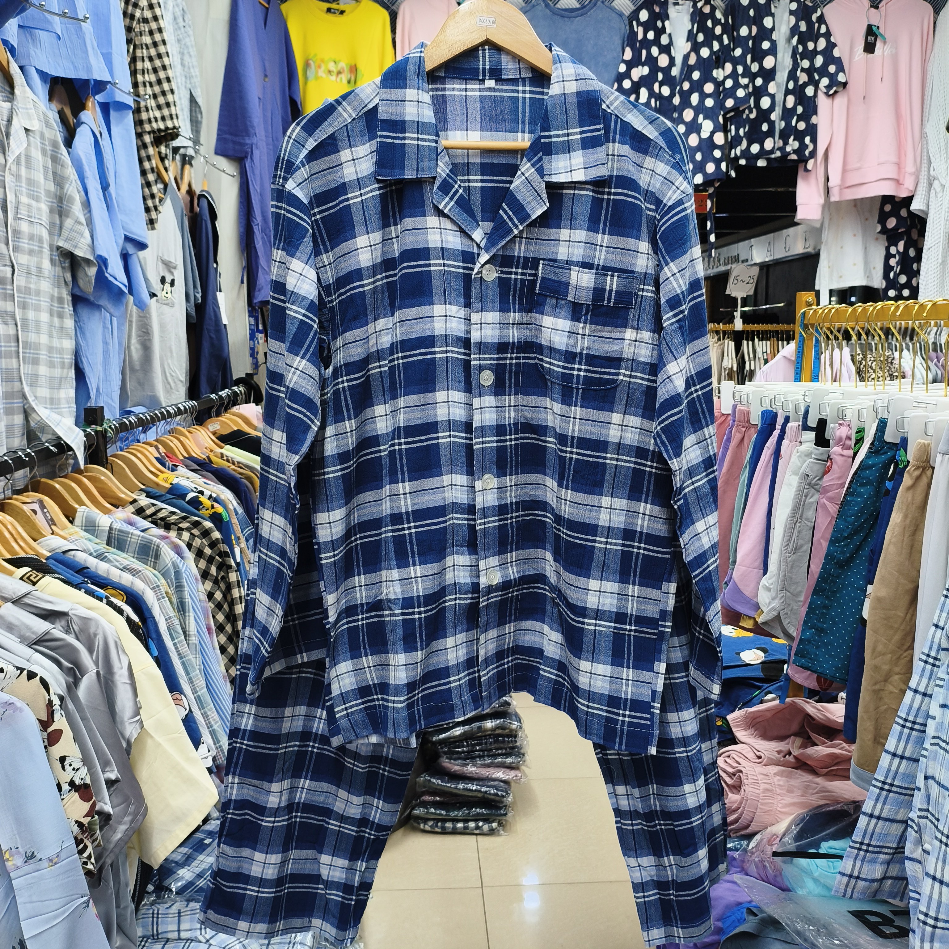 特价夏空调服新2色日本外贸全棉超薄杨柳纱布男睡衣长袖家居服套
