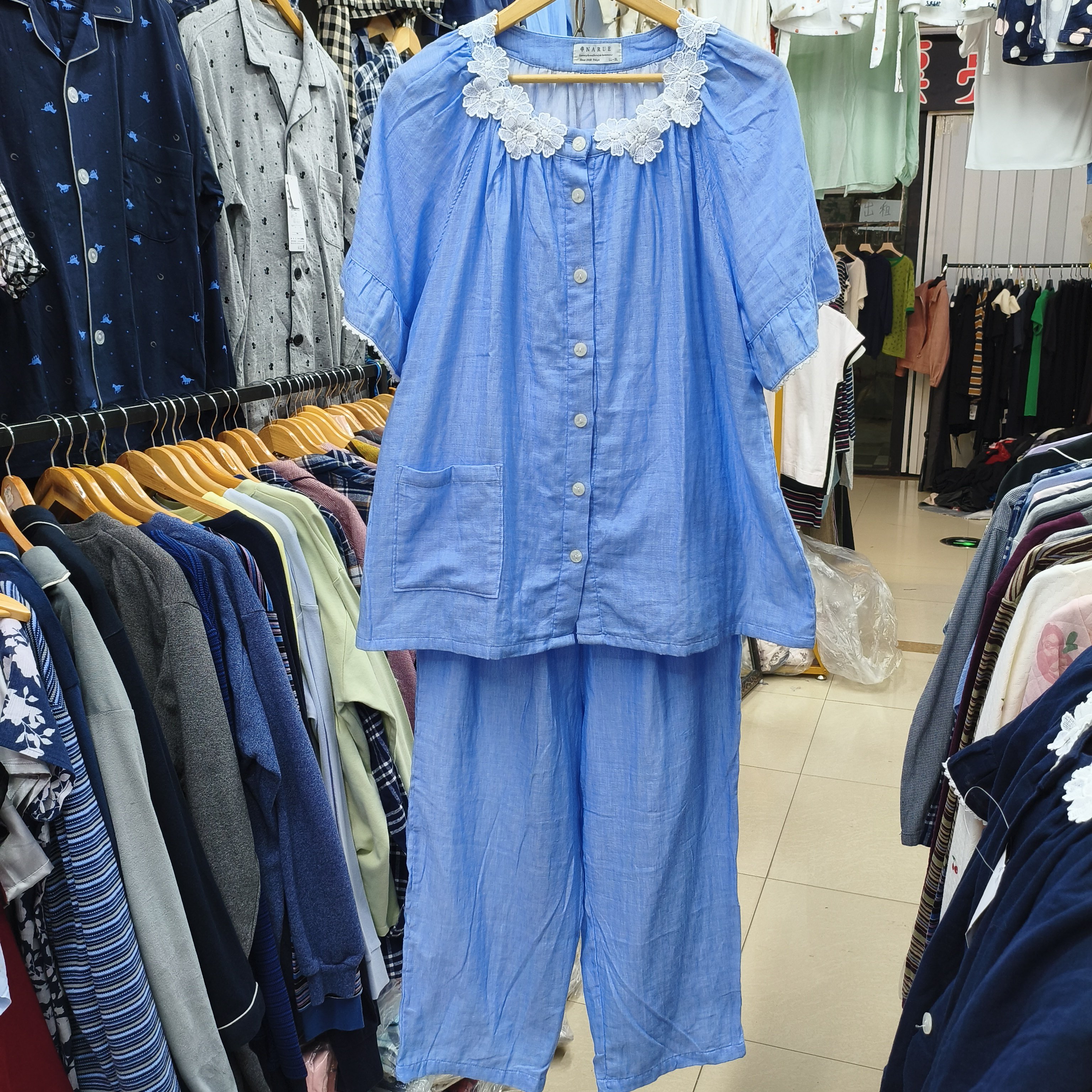 2色新品日单外贸双层纱全棉布开襟女夏中袖八分裤睡衣家居服套装