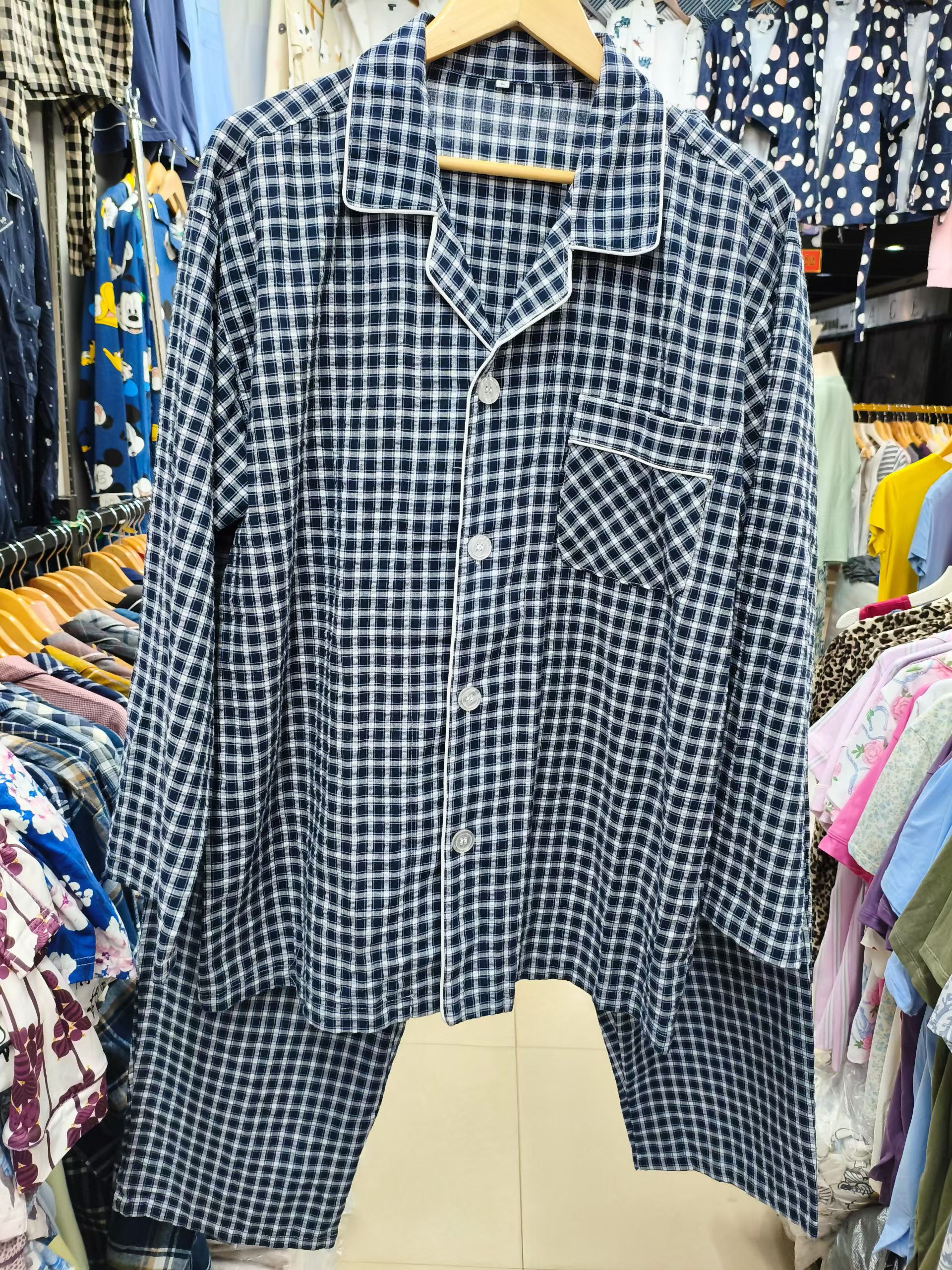 新品日单外贸全棉泡泡纱棉布绅士格春秋带侧兜男长袖裤家居服套装