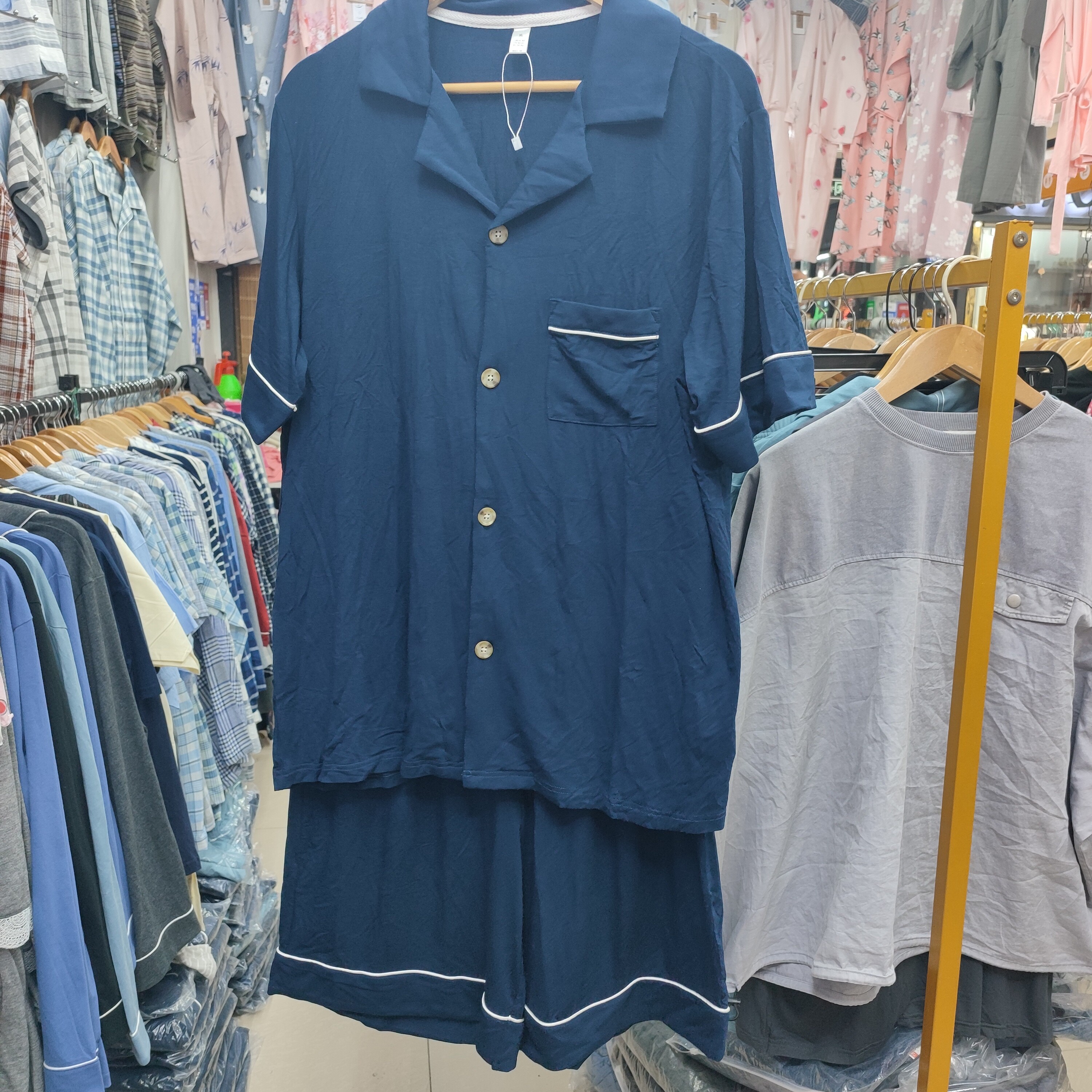 新品欧单夏季柔软竹纤维男士短袖五分裤开襟睡衣套装家居服有侧兜