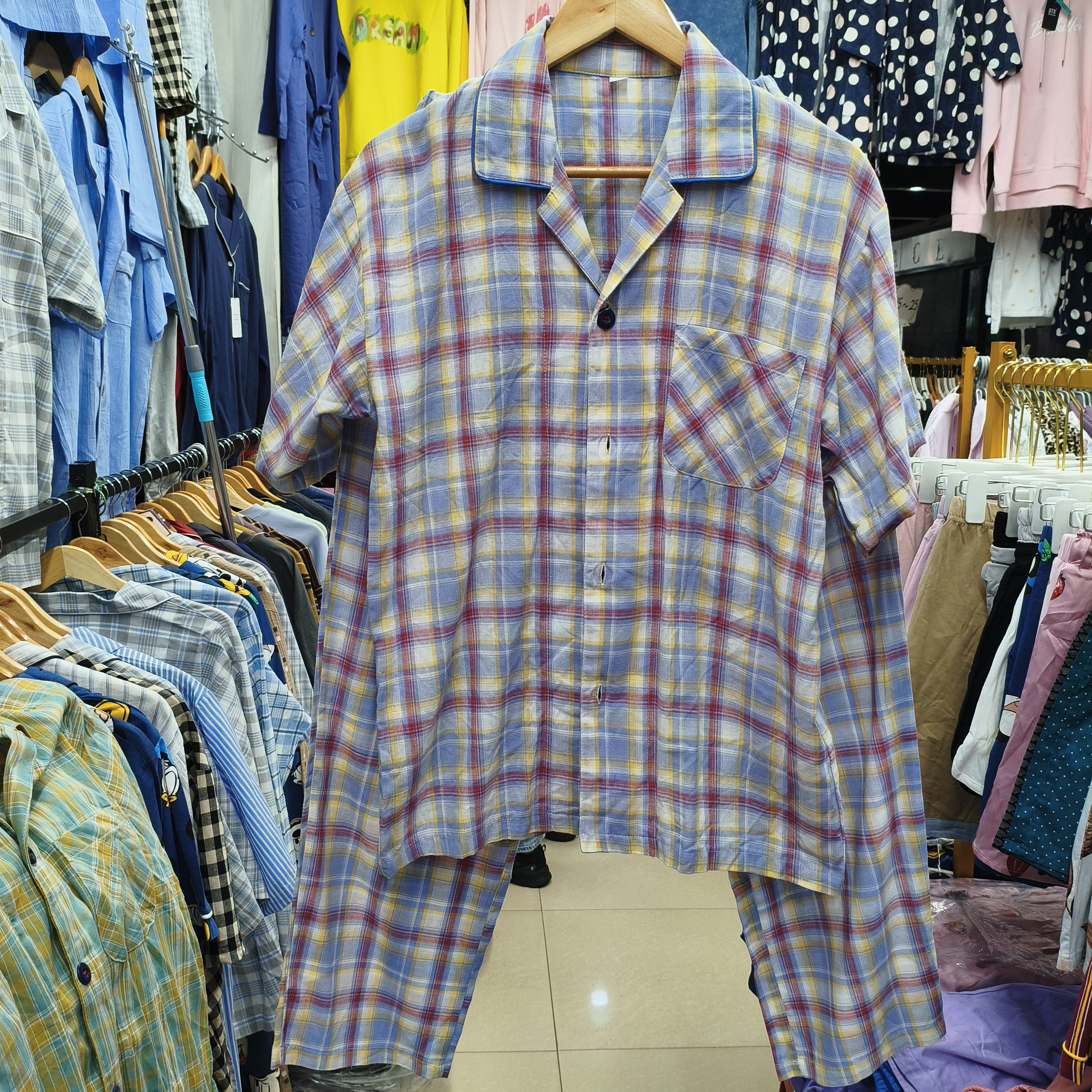 多色入日单格外贸薄款色织提花全棉布男女短袖长裤睡衣家居服套装