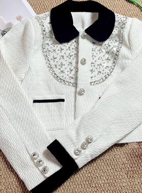 粗花呢娃娃领白色小香风富家千金名媛上衣重工水钻气质拼接短外套